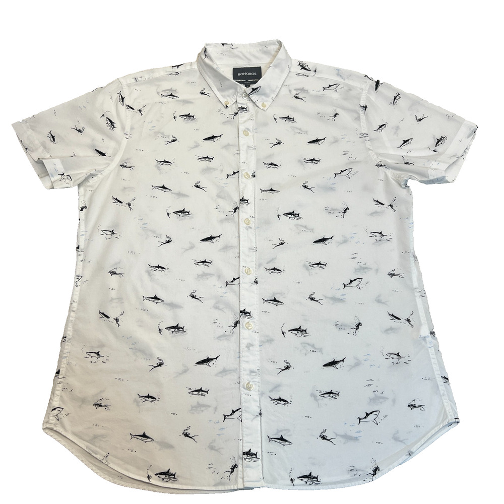 BONOBOS Mens Button Down Short Sleeve Slim Fit Shark & Scuba Diver White, Sz L